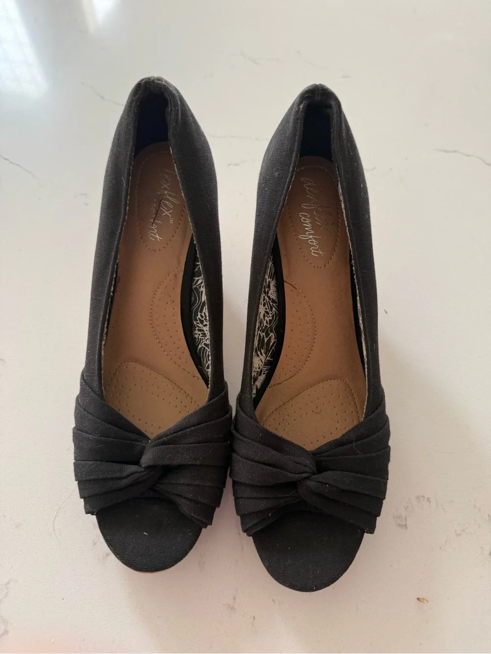 comfort plus by Predictions Black Knot Peep-Toe Wedge Heels